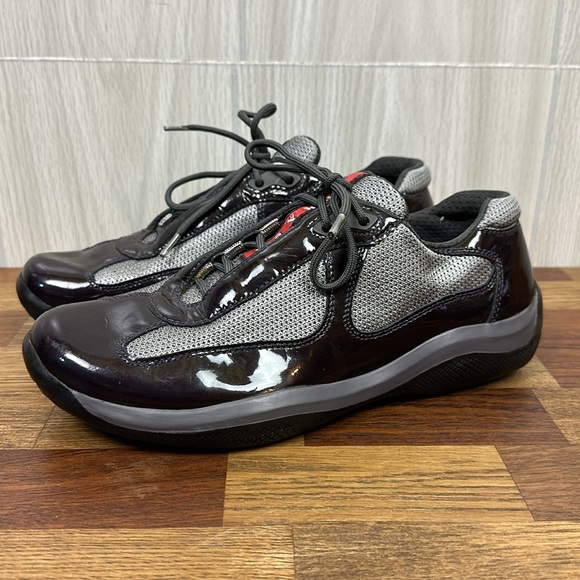 Prada Shoes - PRADA Womens Sneakers 38.5 Low Top Rubber Mesh Lace Patent Leather Space Trainer